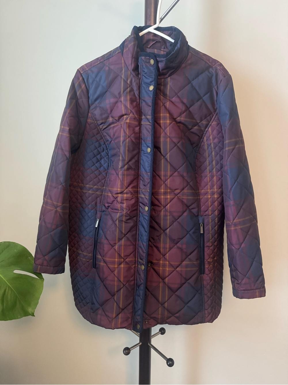 Lands End Quilted Plaid Longline Jacket - Purple - Picture 2 of 8